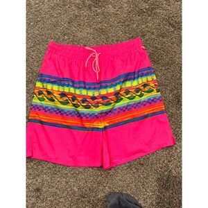 US Apparel Mens Neon Pink Retro Geometric Wave Print Swim Trunks Size L